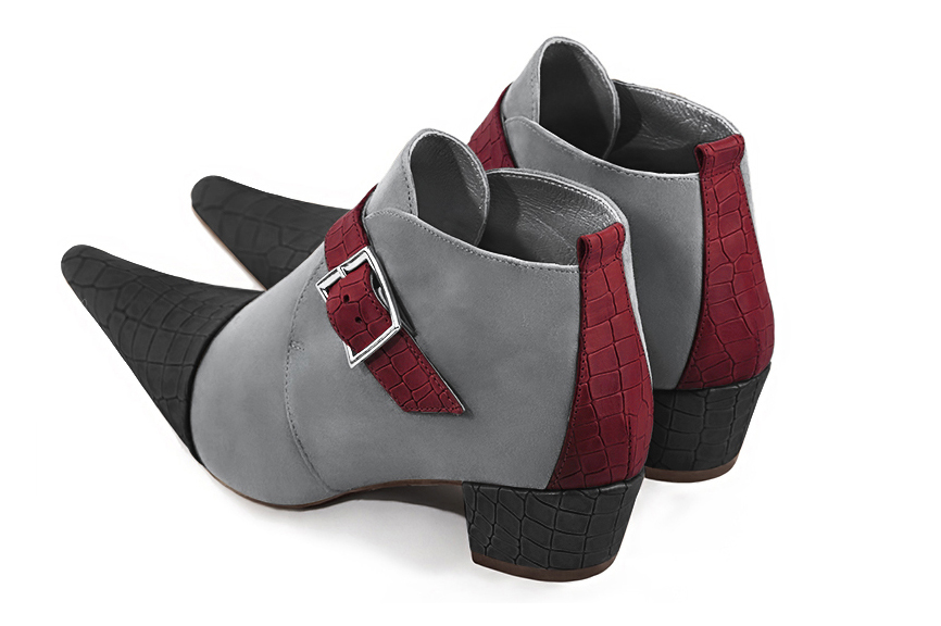 Dark grey and burgundy red women's ankle boots with buckles at the front. Pointed toe. Low cone heels. Rear view - Florence KOOIJMAN